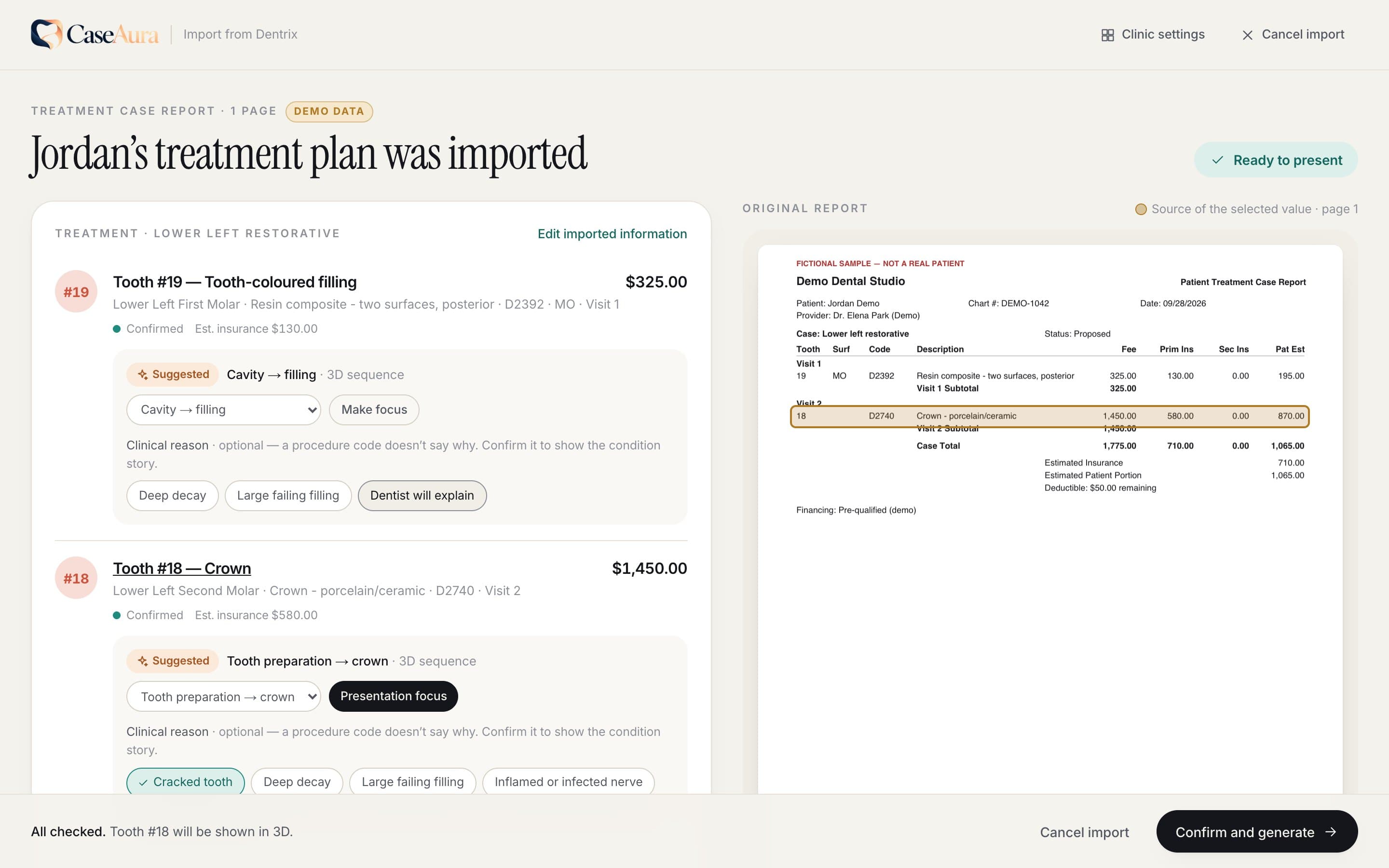 The CaseAura review screen: imported procedures, fees and insurance estimates beside the original treatment case report